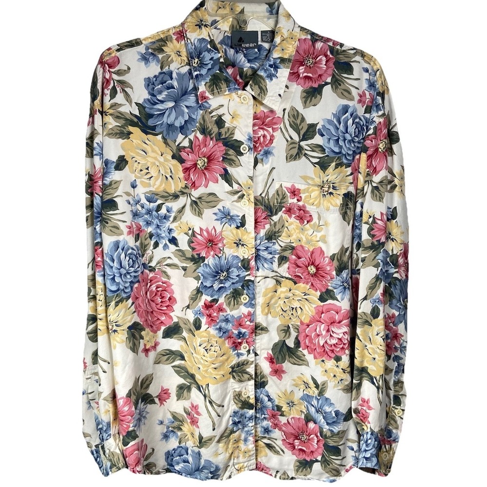 Vintage 90s Lizwear Floral Rayon Button Up Shirt Women L Cottagecore Grandmacore